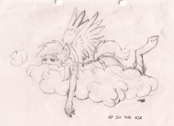 Size: 5158x3740 | Tagged: safe, artist:greenlinzerd, derpibooru exclusive, rainbow dash, pegasus, anthro, unguligrade anthro, g4, cloud, extra pony, female, monochrome, morning ponies, morning wing, morning wood, sketch, sleepy, solo, tired, traditional art, wingboner, wip