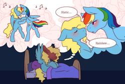 Size: 2039x1378 | Tagged: safe, artist:sinclair2013, rainbow dash, oc, oc:static, pegasus, pony, g4, bed, blushing, canon x oc, dream, female, lesbian, looking at each other, looking at someone, male, mare, shipping, stallion