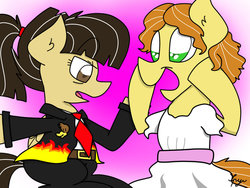 Size: 800x600 | Tagged: safe, artist:themysteriousspy, mandopony, wild fire, duck, pony, g4, bipedal, clothes, crossdressing, dress, engagement, female, fire, male, necktie, ship:mandofire, shipping, sibsy, straight, wedding dress