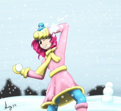 Size: 1433x1317 | Tagged: safe, artist:rainihorn, pinkie pie, human, g4, female, humanized, snow, snowball, snowball fight, snowfall, snowflake, solo