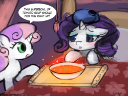 Size: 960x720 | Tagged: safe, artist:lumineko, rarity, sweetie belle, g4, 30 minute art challenge, bed, blushing, bowl, sick, soup, sweetie belle can't cook