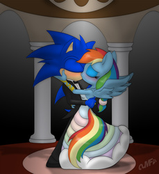 Size: 1372x1500 | Tagged: safe, artist:miniferu, rainbow dash, pegasus, anthro, g4, clothes, crossover, crossover shipping, dress, kissing, male, marriage, married, married couple, shipping, sonic the hedgehog, sonic the hedgehog (series), sonicdash, wedding, wedding dress