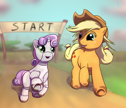 Size: 1402x1206 | Tagged: safe, artist:rainihorn, applejack, sweetie belle, earth pony, pony, robot, robot pony, unicorn, g4, blank flank, cutie mark, female, filly, foal, grass, hat, hooves, horn, mare, open mouth, race, running, song in the comments, sweetie bot, teeth, text