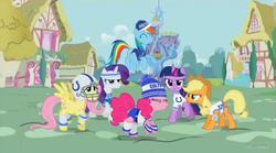 Size: 1024x571 | Tagged: safe, screencap, applejack, fluttershy, pinkie pie, rainbow dash, rarity, twilight sparkle, alicorn, pony, g4, official, :o, american football, andrew luck, female, glare, indianapolis colts, mane six, mare, nfl, raised hoof, serious face, spread wings, super bowl, twilight sparkle (alicorn), twilight's castle