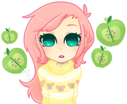 Size: 1000x820 | Tagged: safe, artist:cupig, artist:pigchan, fluttershy, human, g4, clothes, female, heart eyes, humanized, implied fluttermac, implied shipping, implied straight, simple background, solo, sweater, sweatershy, transparent background, wingding eyes