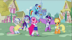 Size: 1920x1080 | Tagged: safe, screencap, applejack, fluttershy, pinkie pie, rainbow dash, rarity, twilight sparkle, alicorn, pony, g4, official, american football, andrew luck, cheering, cheerleader, clothes, female, flying, football helmet, helmet, indianapolis colts, mane six, mare, nfl, nose in the air, ponyville, super bowl, super bowl xlix, twilight sparkle (alicorn), twilight's castle, uniform, volumetric mouth