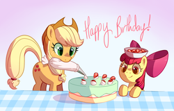 Size: 1000x639 | Tagged: safe, artist:reuniclus, apple bloom, applejack, earth pony, pony, g4, apple bloom's bow, applejack's hat, bow, cake, cowboy hat, female, filly, foal, food, hair bow, happy birthday, hat, icing bag, looking down, mare, mouth hold, smiling, standing, strawberry, table