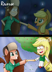 Size: 1181x1633 | Tagged: safe, artist:the-butch-x, applejack, equestria girls, g4, crossover, cute, day, equestria girls-ified, gravity falls, grin, happy, hoofbump, male, night, open mouth, ponified, smiling, style emulation, wendy corduroy