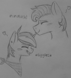 Size: 1906x2090 | Tagged: safe, artist:subimaru_kai, oc, oc only, oc:snowy, bandana, blushing, earring, father and son, foal, giggling, kissing, monochrome, traditional art