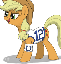 Size: 811x852 | Tagged: safe, artist:varemia, applejack, g4, american football, andrew luck, clothes, female, indianapolis colts, nfl, solo, super bowl, super bowl xlix, that was fast