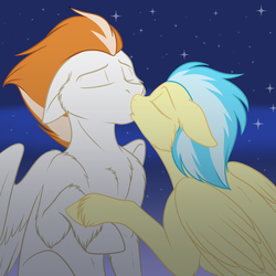 Size: 3300x3300 | Tagged: safe, artist:foxenawolf, fire streak, misty fly, pegasus, pony, fanfic:piercing the heavens, g4, fanfic, fanfic art, female, high res, kissing, male, ship:firefly, shipping, stallion, straight, unshorn fetlocks