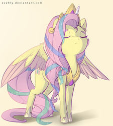 Size: 1800x2000 | Tagged: safe, artist:evehly, fluttershy, pegasus, pony, g4, testing testing 1-2-3, clothes, costume, crown, cute, eyes closed, female, hoof shoes, jewelry, mare, regalia, shyabetes, shylestia, simple background, solo, two toned wings, wing fluff, yellow background