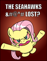 Size: 2563x3313 | Tagged: safe, artist:saburodaimando, fluttershy, pony, g4, american football, bipedal, bloodshot eyes, caption, flutterrage, from above, gradient background, high res, mouthpiece, seahawks, seattle seahawks, simple background, super bowl, super bowl xlix, the seahawks should've ran the ball, who cares