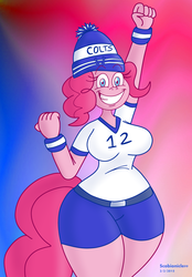 Size: 3125x4500 | Tagged: safe, artist:scobionicle99, pinkie pie, earth pony, anthro, g4, american football, andrew luck, breasts, busty pinkie pie, female, indianapolis colts, nfl, solo, super bowl, super bowl xlix, wide hips