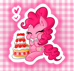 Size: 390x373 | Tagged: safe, artist:vdru7, pinkie pie, earth pony, pony, g4, cake, cute, diapinkes, eating, eyes closed, female, food, frosting, heart, mare, pixiv, sitting, solo