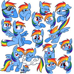 Size: 800x800 | Tagged: safe, artist:vdru7, part of a set, rainbow dash, g4, blushing, cloud, cute, dashabetes, dashface, derp, doodle, female, floppy ears, flying, happy, multeity, nervous, pixiv, scared, shade, sitting, sleeping, smiling, so awesome, solo, spread wings, unamused