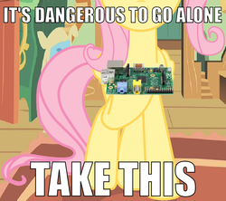 Size: 1414x1254 | Tagged: safe, fluttershy, g4, image macro, it's dangerous to go alone, meme, raspberry pi, take this, the legend of zelda