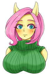 Size: 600x924 | Tagged: safe, artist:buryooooo, fluttershy, anthro, g4, blushing, breasts, busty fluttershy, clothes, female, human facial structure, pixiv, sleeveless turtleneck, solo, sweater, sweatershy