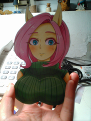 Size: 600x799 | Tagged: safe, artist:buryooooo, fluttershy, anthro, g4, breasts, busty fluttershy, clothes, female, human facial structure, papercraft, pixiv, solo, sweater puppies, sweatershy