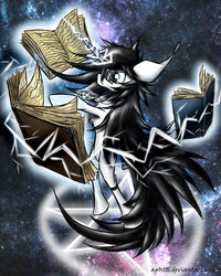 Size: 800x1000 | Tagged: safe, artist:ap0st0l, oc, oc only, pony, bipedal, book, floating, glasses, knowledge, long mane, long tail, magic, male, pentagram, solo, stallion, white night