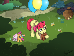 Size: 2560x1920 | Tagged: safe, artist:rainihorn, apple bloom, scootaloo, sweetie belle, bee, earth pony, pegasus, pony, unicorn, g4, balloon, beehive, cutie mark crusaders, female, filly, floating, grass, harsher in hindsight, hilarious in hindsight, honey, this will end in bees, this will end in death, this will end in pain, this will end in tears, this will end in tears and/or death and/or covered in tree sap, tree, tree sap and pine needles, winnie the pooh