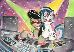 Size: 2309x1631 | Tagged: safe, artist:souleatersaku90, dj pon-3, octavia melody, vinyl scratch, g4, :o, bedroom eyes, blushing, dubstep, female, heart, holding hooves, hoof hold, lesbian, music, ship:scratchtavia, shipping, smiling, traditional art, watercolor painting, wub