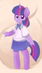 Size: 499x850 | Tagged: safe, artist:ende26, twilight sparkle, anthro, unguligrade anthro, g4, bipedal, clothes, female, looking at you, school uniform, schoolgirl, skirt, smiling, solo
