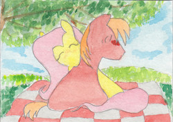 Size: 1048x740 | Tagged: safe, artist:jimthecactus, big macintosh, fluttershy, earth pony, pony, g4, blushing, male, ship:fluttermac, shipping, stallion, straight, traditional art, watercolor painting