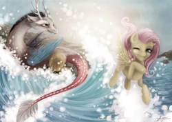 Size: 3508x2480 | Tagged: safe, artist:katyand, discord, fluttershy, g4, duo, full body, high res, looking at each other, looking at someone, raised hoof, splashing, water