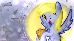 Size: 2560x1440 | Tagged: safe, artist:antylavx, artist:starlessnight22, derpy hooves, pegasus, pony, g4, bubble, female, glowing, mare, muffin, triangle, vector, wallpaper, wink