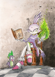 Size: 1637x2307 | Tagged: safe, artist:souleatersaku90, spike, g4, actor allusion, blaze the cat, book, crossed legs, crossover, fanfic, fanfic art, fire, green fire, pyrokinesis, sonic the hedgehog (series)