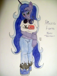 Size: 768x1024 | Tagged: safe, artist:sangee-13-neuroy, princess luna, alicorn, anthro, gamer luna, g4, belly button, big breasts, breasts, busty princess luna, clothes, female, headphones, huge breasts, midriff, solo, traditional art, wide hips, youtuber