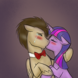Size: 750x750 | Tagged: safe, artist:jitterbugjive, doctor whooves, time turner, twilight sparkle, pegasus, pony, unicorn, ask discorded whooves, ask miss twilight sparkle, g4, bowtie, doctwi, duo, female, kiss on the lips, kissing, love, male, mare, race swap, shipping, stallion, straight, tumblr, unicorn twilight, unshorn fetlocks