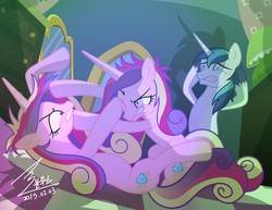 Size: 1100x849 | Tagged: safe, artist:bluse, princess cadance, queen chrysalis, shining armor, alicorn, changeling, changeling queen, pony, unicorn, g4, catfight, disguise, disguised changeling, fake cadance, female, fight, male, show accurate, spot the imposter, straight, there can be only one