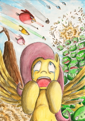 Size: 1627x2313 | Tagged: safe, artist:souleatersaku90, fluttershy, bird, bluebird, canary, cardinal, cockatoo, pegasus, pig, pony, toucan, g4, angry birds, attack, blue bird, bomb, bomb (angry birds), bomb bird, chuck (angry birds), crossover, crown, crying, emerald toucanet, galah, green pig, hal, jake (angry birds), jay (angry birds), jim (angry birds), minion pig, red bird, slingshot, stella (angry birds), terence (angry birds), the blues, toucanet, traditional art, war, watercolor painting, weapon, weapon bird