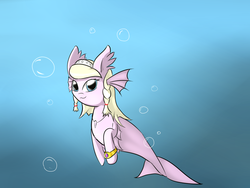 Size: 1024x768 | Tagged: safe, artist:jollythinker, oc, oc only, oc:mystic tide, merpony, bubble, female, fish tail, ocean, smiling, solo, tail, underwater, water