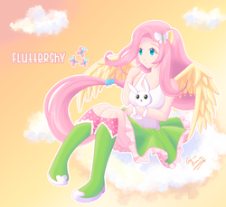 Size: 2835x2598 | Tagged: safe, artist:konakon24, angel bunny, fluttershy, equestria girls, g4, eared humanization, female, high res, human coloration, humanized, ponied up, solo, winged humanization