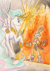 Size: 1634x2312 | Tagged: safe, artist:souleatersaku90, princess celestia, g4, blaze the cat, chaos in equestria, commission, crossover, fanfic, fanfic art, fight, fire, pyrokinesis, sonic the hedgehog (series), traditional art, watercolor painting