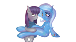 Size: 3840x2160 | Tagged: safe, artist:saddnesspony, maud pie, trixie, earth pony, semi-anthro, g4, arm hooves, belly button, female, high res, lesbian, ship:mauxie, shipping