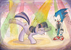 Size: 2307x1634 | Tagged: safe, artist:souleatersaku90, twilight sparkle, hedgehog, pony, unicorn, g4, awkward, background pony, chaos in equestria, commission, crossover, dancing, do the sparkle, fanfic, fanfic art, lights, male, party, sonic the hedgehog, sonic the hedgehog (series), tongue out, traditional art, unicorn twilight, watercolor painting