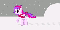 Size: 1258x635 | Tagged: dead source, safe, artist:sapphire-beauty0, oc, oc only, oc:silent song, earth pony, pony, bow, clothes, cold, cute, female, hair bow, mare, ponysona, raised hoof, scarf, snow, solo, windswept mane, winter