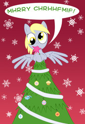 Size: 971x1408 | Tagged: safe, artist:nimbostratus, derpy hooves, pegasus, pony, g4, christmas, christmas tree, derpy star, female, gradient background, hilarious in hindsight, mare, mouth hold, snow, snowflake, solo, stars, tree, wings