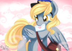 Size: 1402x1000 | Tagged: dead source, safe, artist:suzuii, derpy hooves, pegasus, pony, g4, cute, derpabetes, female, heart, letter, mailbag, mailmare, mare, mouth hold, smiling, valentine