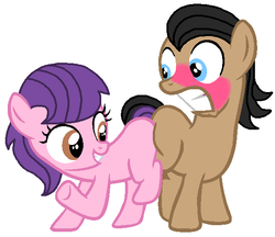 Size: 578x499 | Tagged: safe, artist:iceagelover, filthy rich, suri polomare, earth pony, pony, g4, bedroom eyes, blushing, butt bump, butt to butt, butt touch, colt, female, filly, foal, gritted teeth, looking at each other, male, smiling, younger