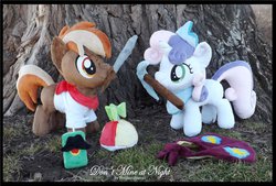 Size: 1600x1079 | Tagged: safe, artist:peruserofpieces, button mash, sweetie belle, don't mine at night, g4, accessory, buttonbetes, cute, diasweetes, irl, photo, plushie