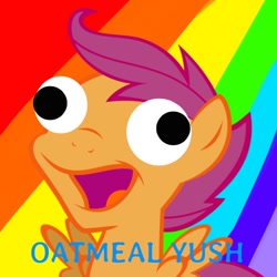 Size: 894x894 | Tagged: safe, edit, scootaloo, g4, derp, derped, oatmeal, rainbow, scootaderp, wat
