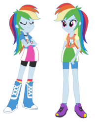Size: 475x602 | Tagged: safe, artist:berrypunchrules, rainbow dash, human, equestria girls, g4, alternate clothes, boots, bracelet, clothes, eyes closed, human counterpart, humanized, jewelry, looking at you, pony counterpart, self ponidox, shoes, socks, wristband