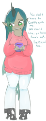 Size: 369x966 | Tagged: safe, artist:mt, oc, oc only, oc:catrine, changeling, satyr, clothes, heart eyes, mug, offspring, pants, parent:queen chrysalis, solo, sweater, wingding eyes