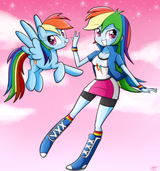 Size: 1210x1294 | Tagged: safe, artist:riouku, rainbow dash, human, pony, equestria girls, g4, devil horn (gesture), female, human ponidox, mare