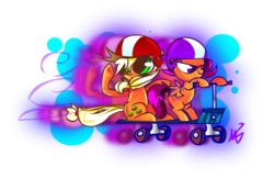 Size: 3230x2090 | Tagged: safe, artist:mushroomcookiebear, applejack, scootaloo, pony, g4, duo, high res, orange mane, orange skin, scooter